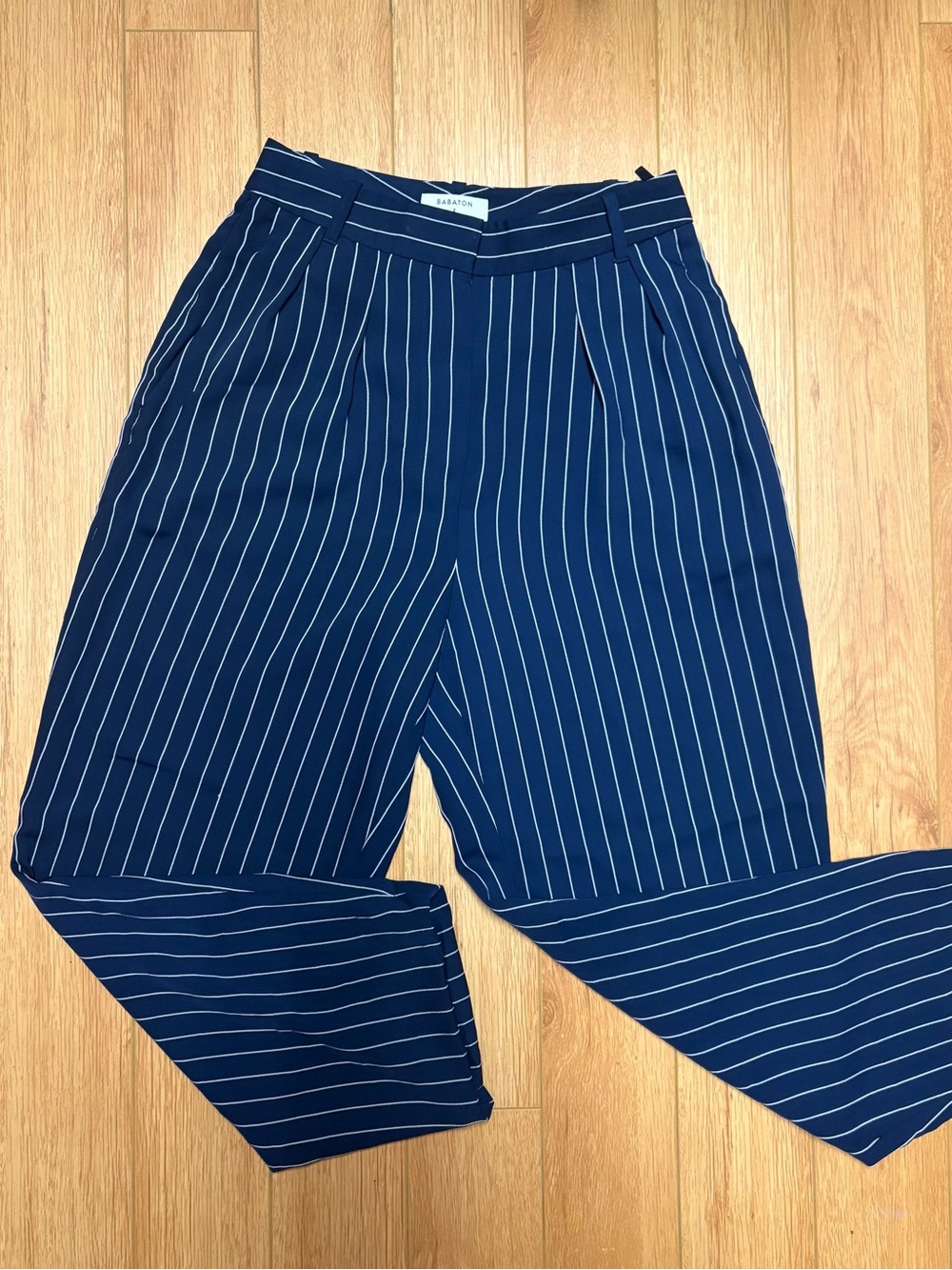 Babaton Navy and White Pinstripe Trousers